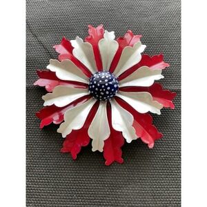 vintage enameled metal flower brooch Patriotic Red White And Blue Mid Century